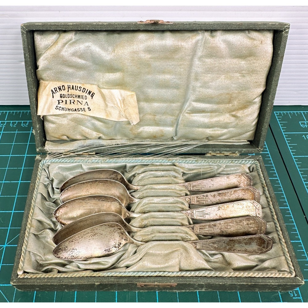 Arno Hausding Pirna 800 Silver Spoon Set 5pc Antique German Hallmarked Boxed